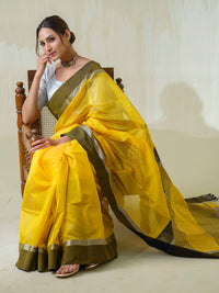 Yellow Maheshwari Cotton Silk Saree with Silver Zari