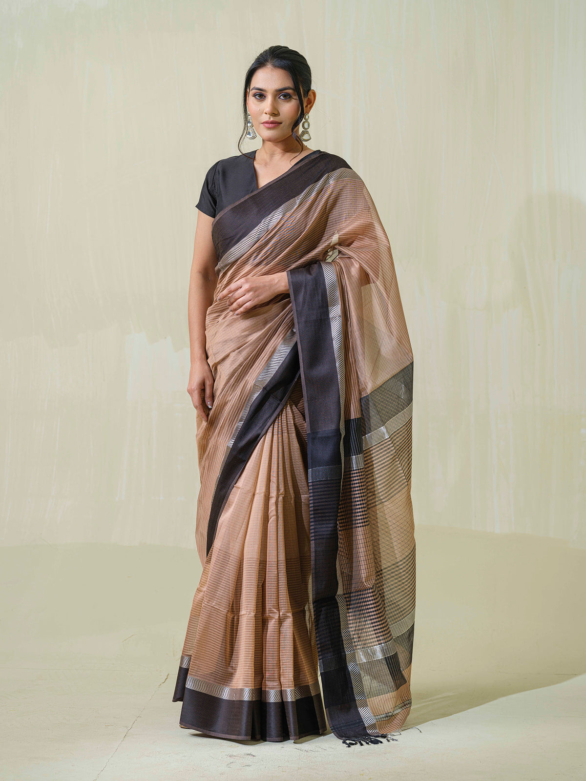 Nude Maheshwari cotton silk saree with silver zari