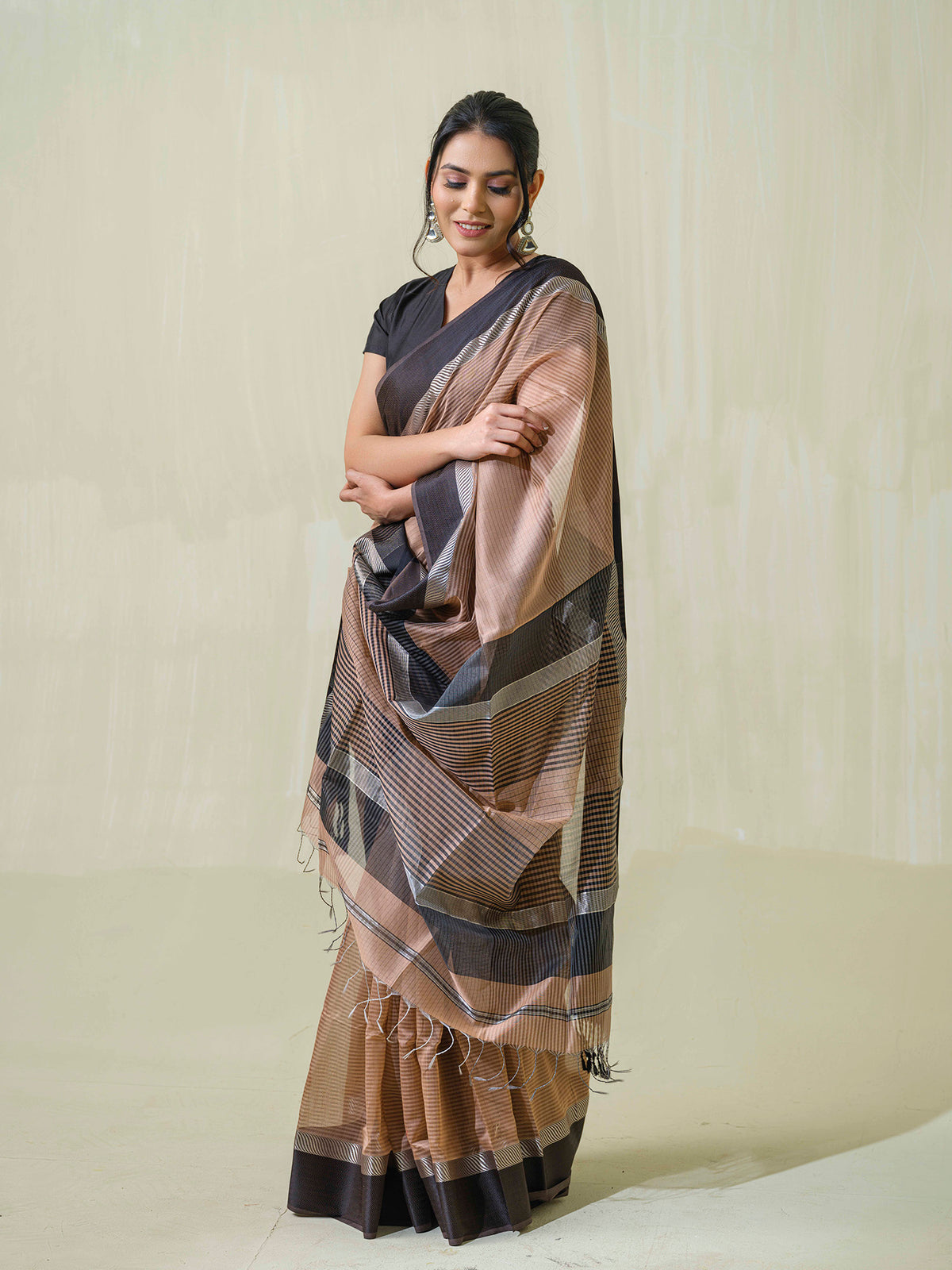 Nude Maheshwari cotton silk saree with silver zari