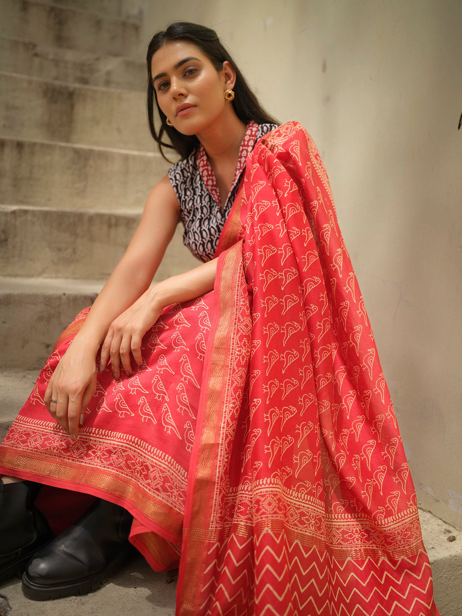 Red Handloom Maheshwari Saree