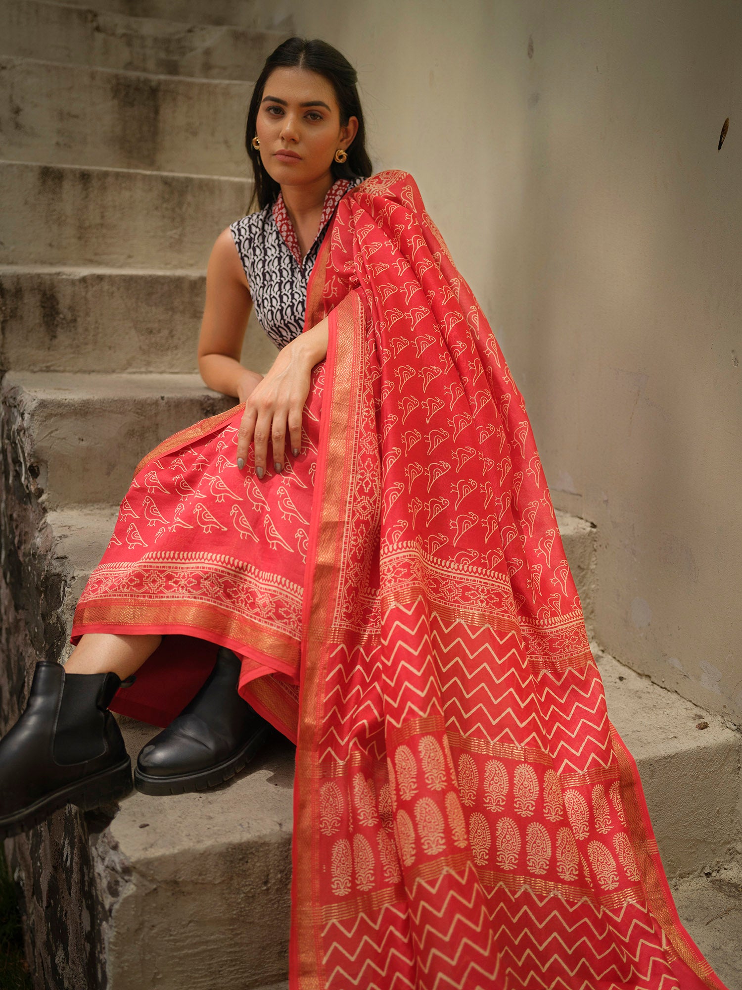 Red Handloom Maheshwari Saree