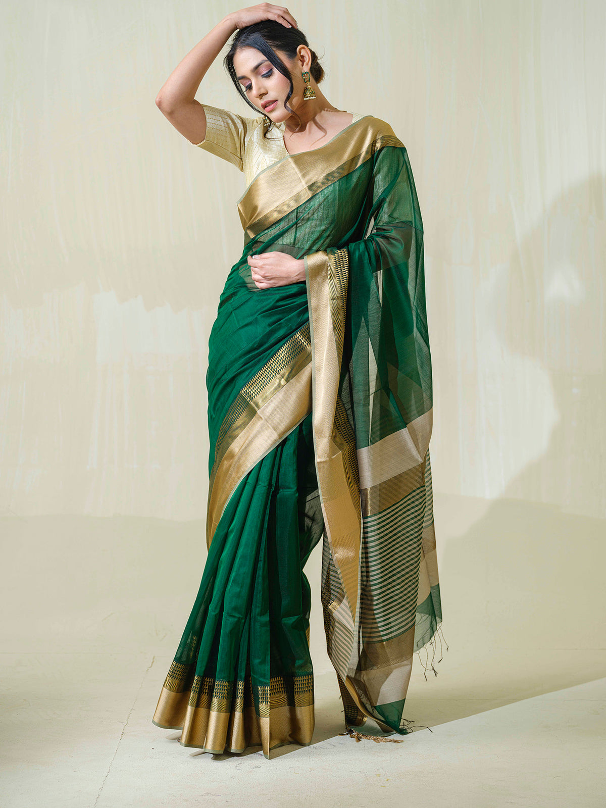 Bottle green Maheshwari cotton silk handmade saree with resham