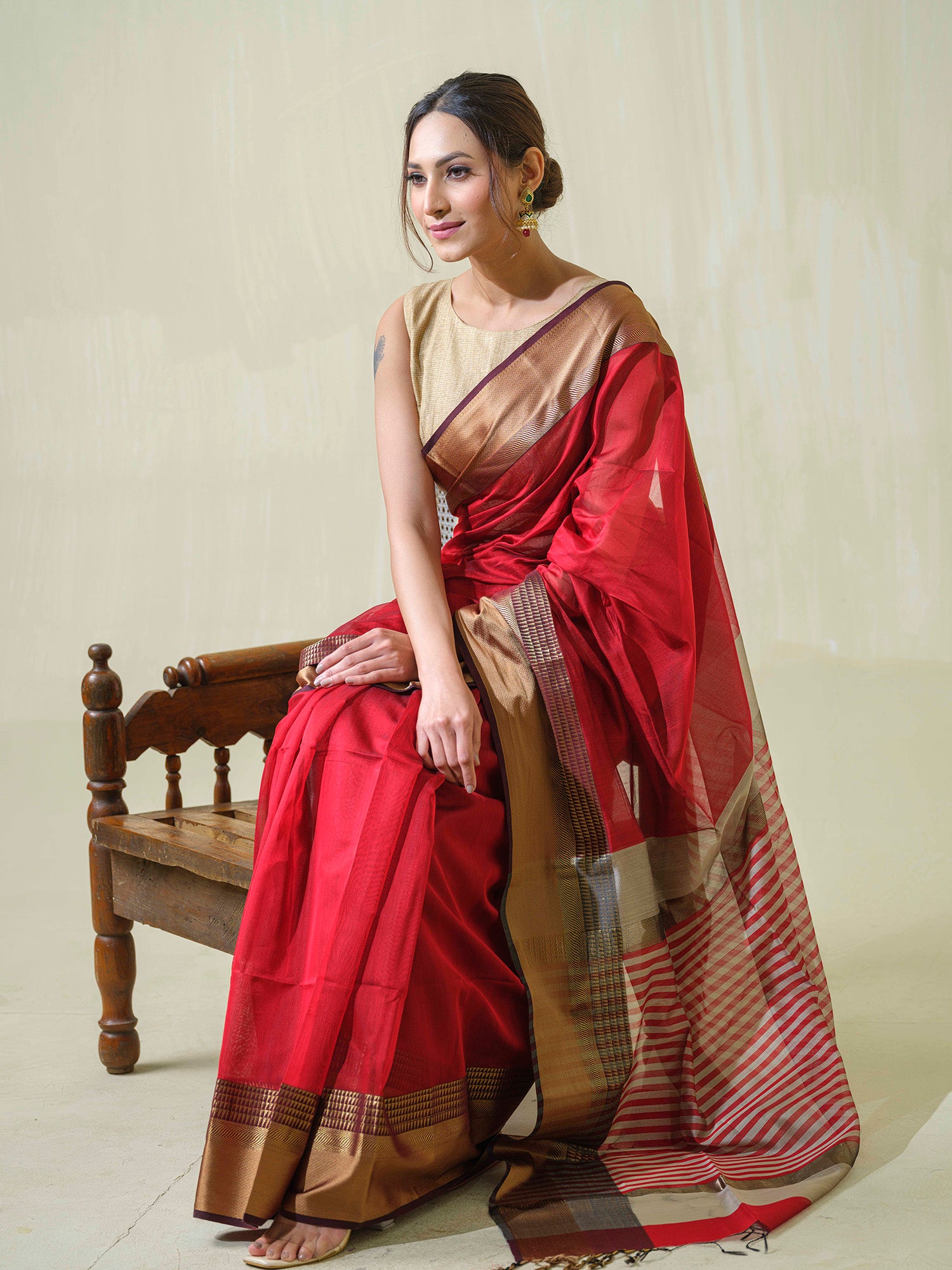 Red Maheshwari cotton silk ocassion wear saree with resham.