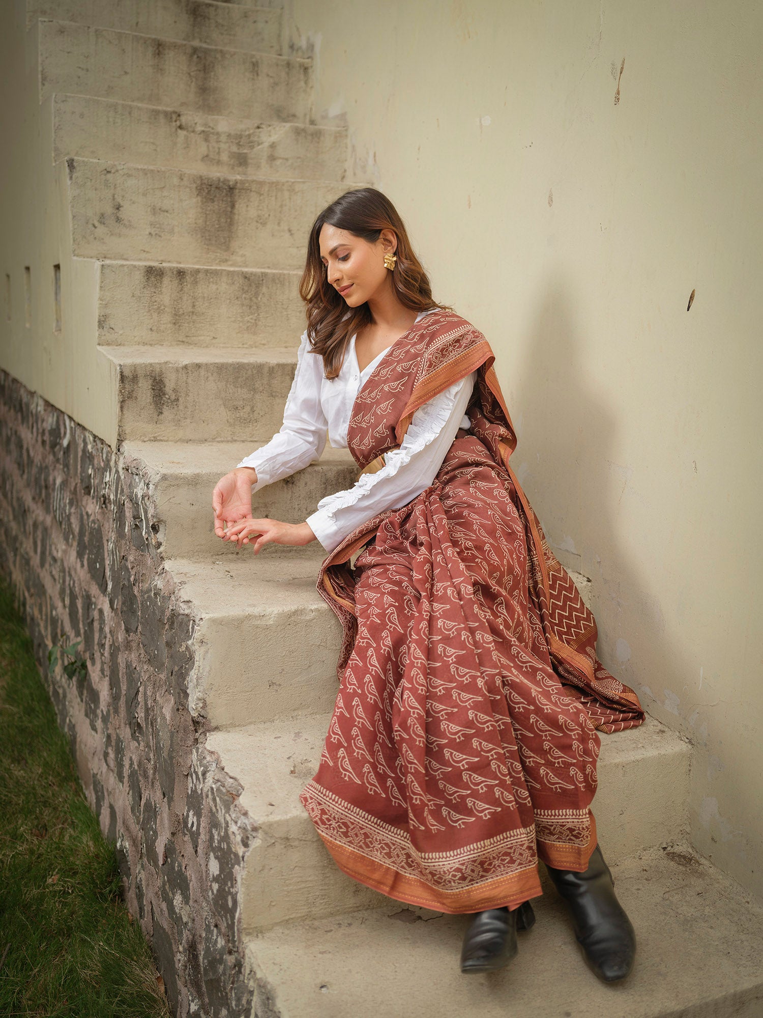 Brown Handloom Maheshwari Saree