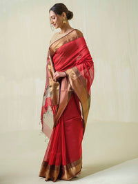 Red Maheshwari cotton silk ocassion wear saree with resham.