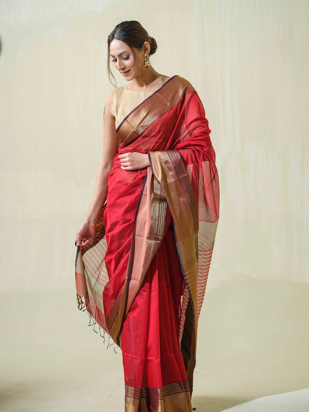 Red Maheshwari cotton silk ocassion wear saree with resham.