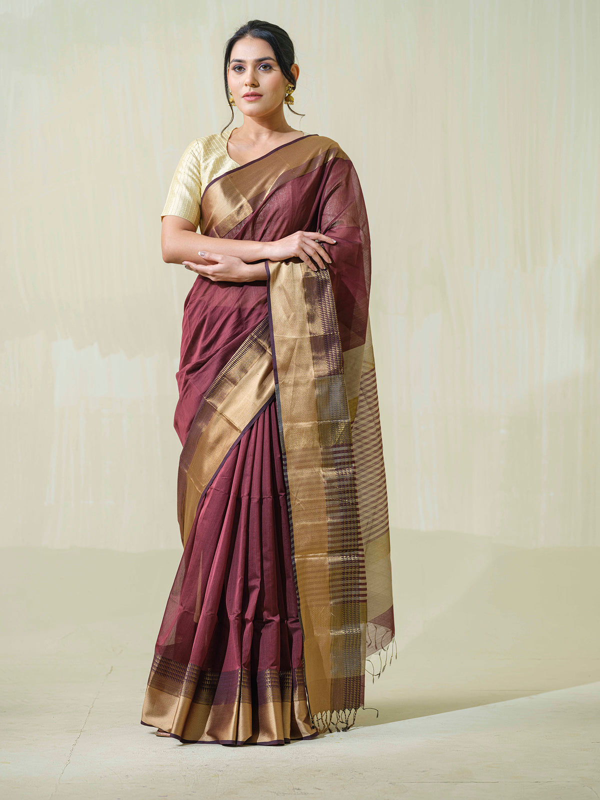 Wine-colored Maheshwari cotton silk formal wear saree with resham.