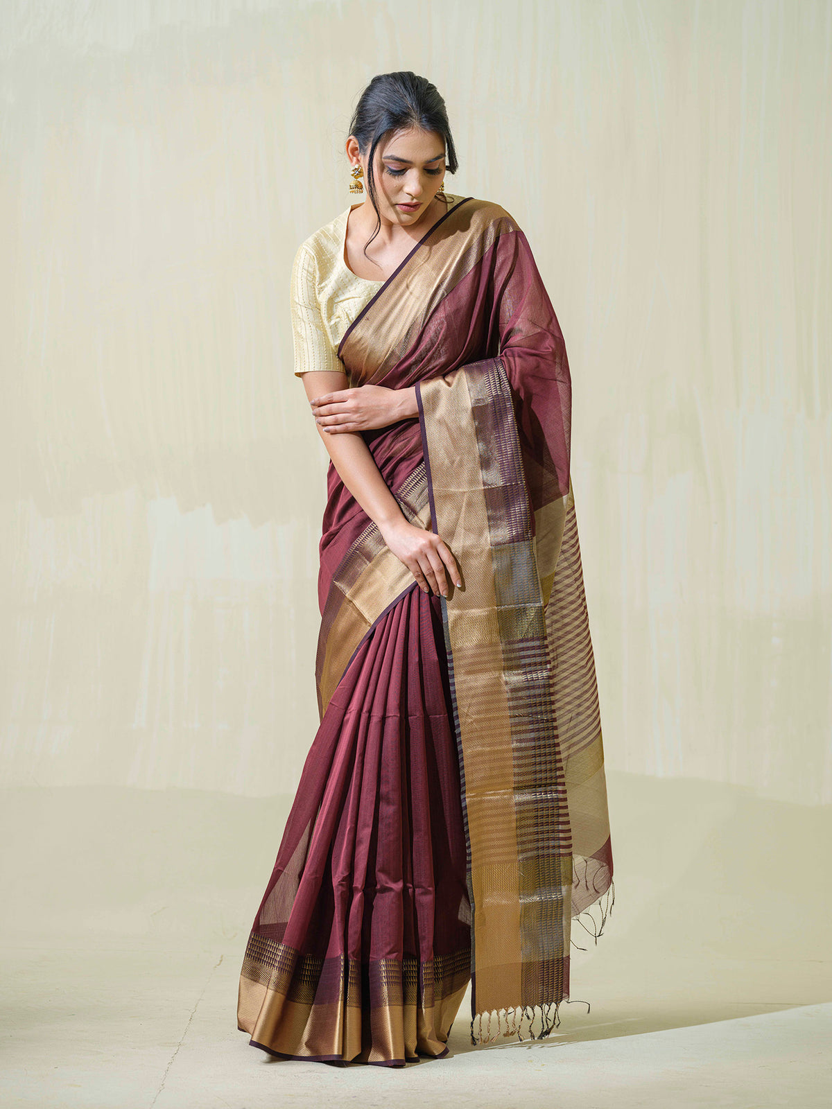 Wine-colored Maheshwari cotton silk formal wear saree with resham.