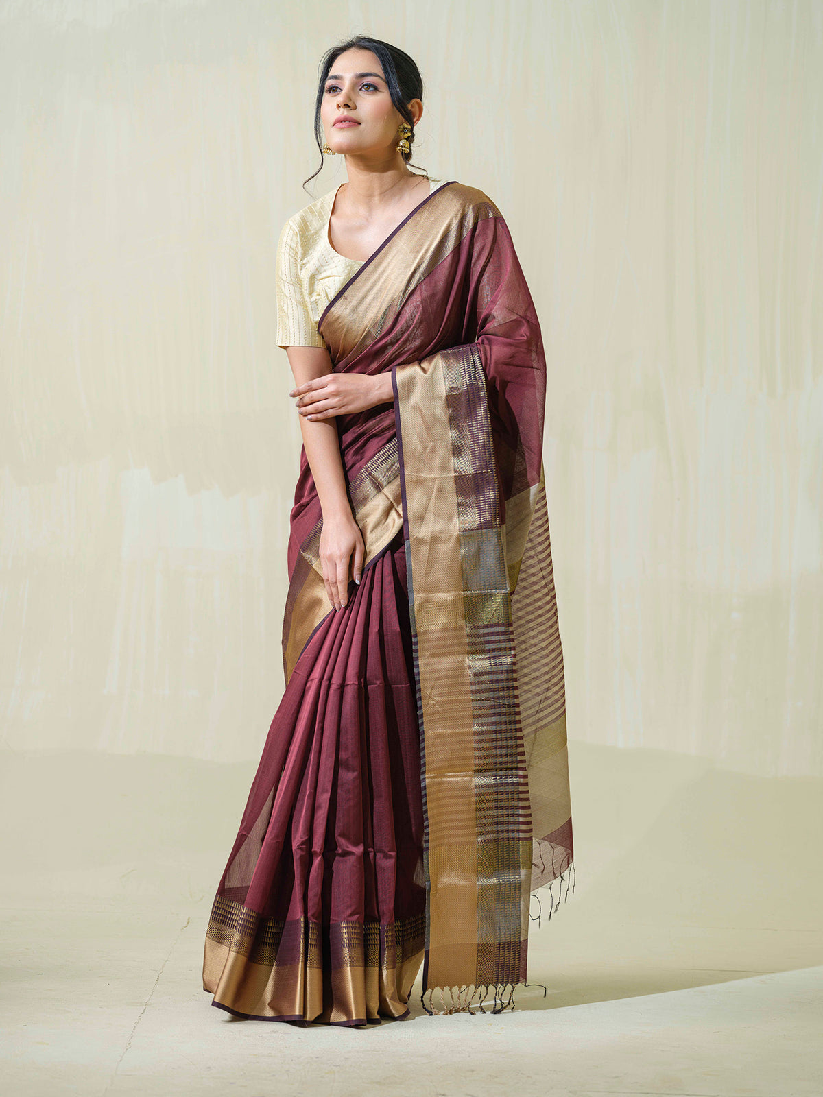 Wine-colored Maheshwari cotton silk formal wear saree with resham.