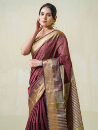 Wine-colored Maheshwari cotton silk formal wear saree with resham.