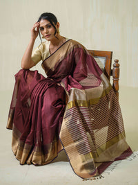 Wine-colored Maheshwari cotton silk formal wear saree with resham.