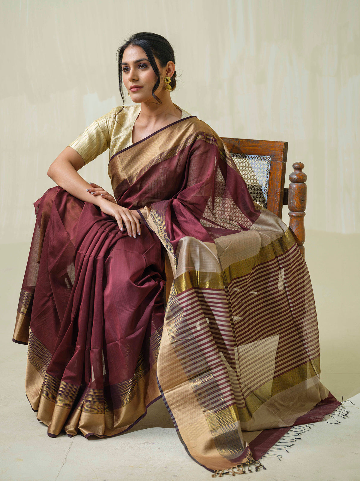 Wine-colored Maheshwari cotton silk formal wear saree with resham.