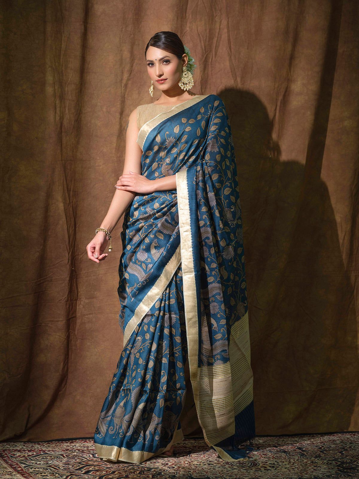 Pure Tussar silk Maheshwari saree with Kalamkari prints.