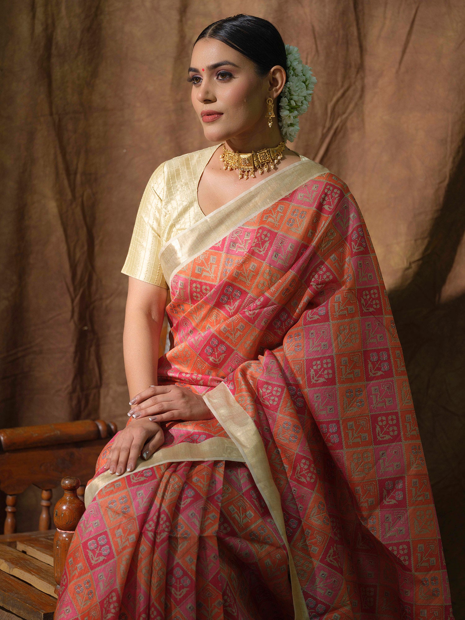 Tussar silk Maheshwari saree with Patola print