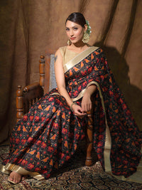 Pure Tussar Silk Black Maheshwari Sari with Patola print