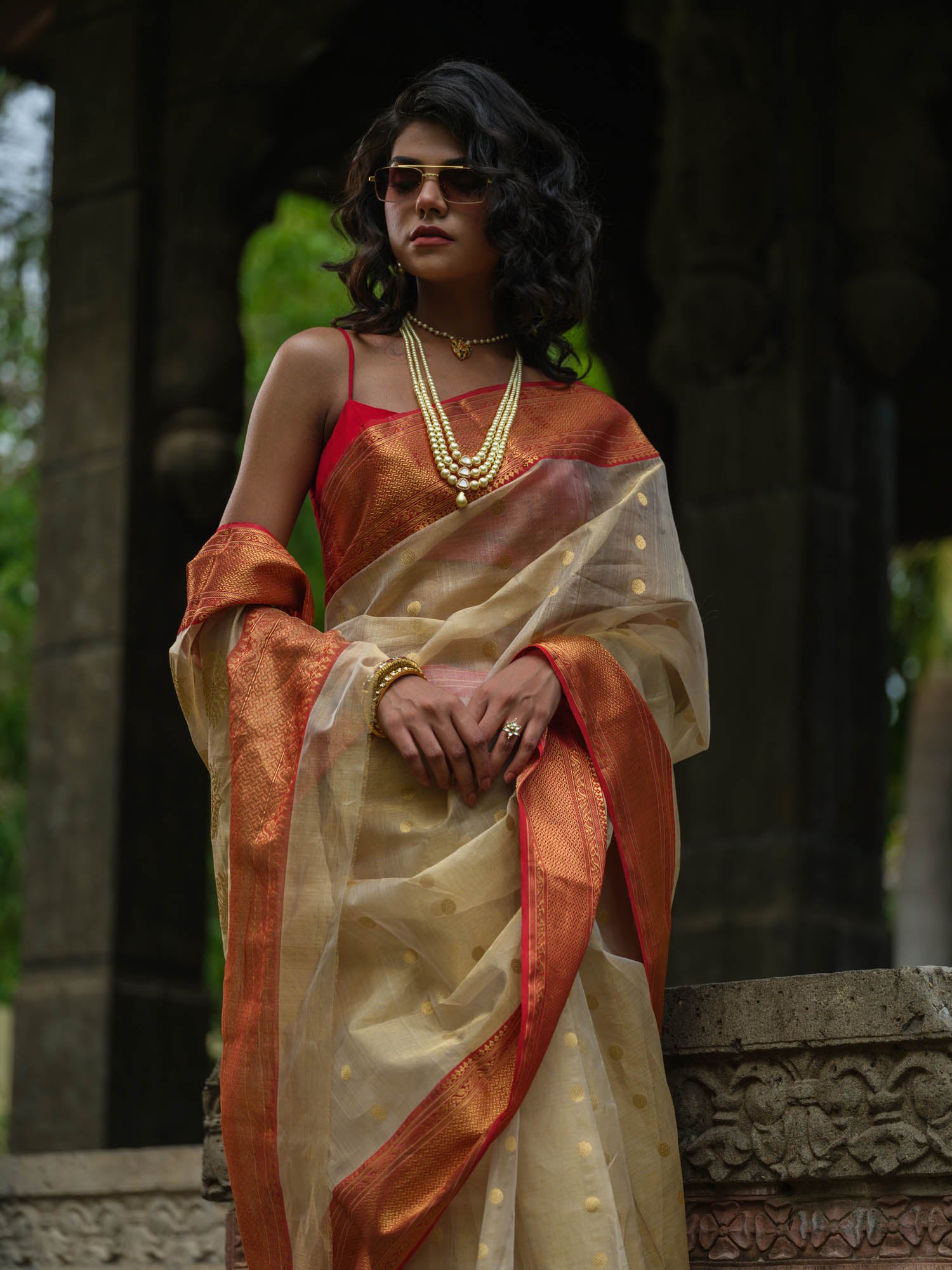 Bridal-wear cream and red Chanderi silk saree