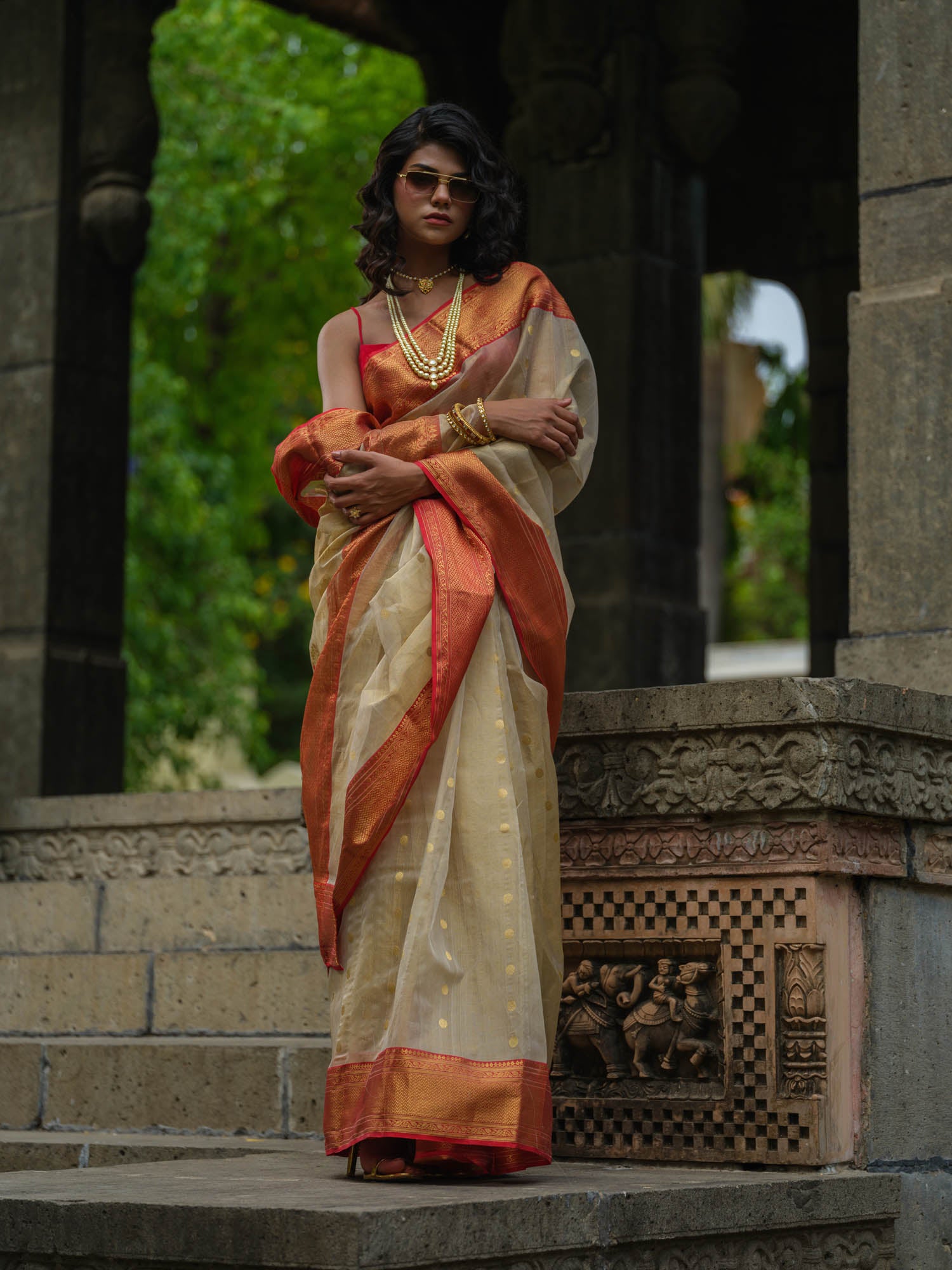 Bridal-wear cream and red Chanderi silk saree 