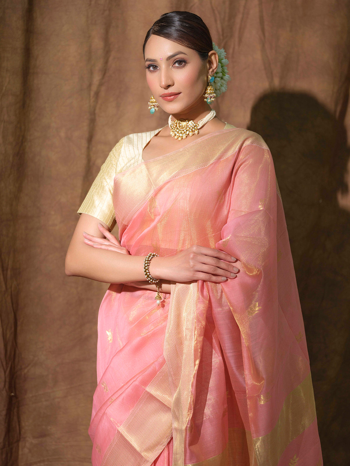 Peach Maheshwari tissue silk saree