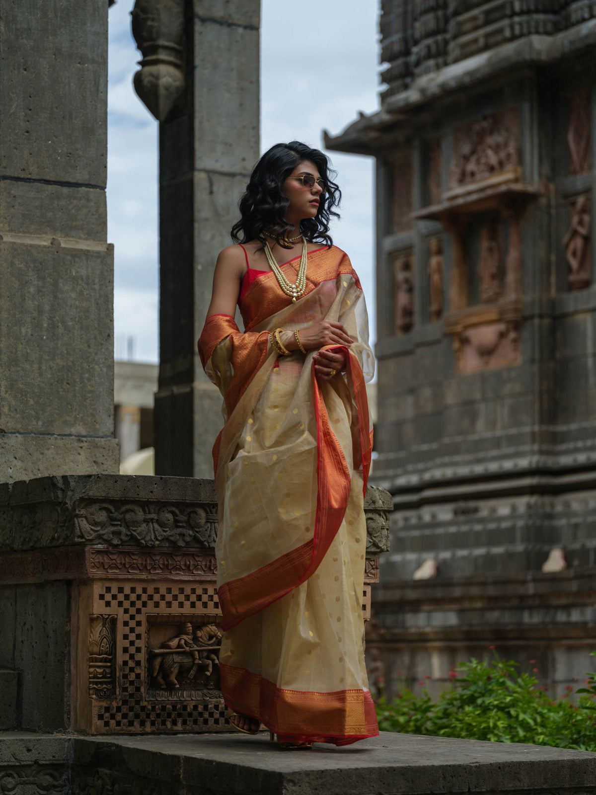 Bridal-wear cream and red Chanderi silk saree