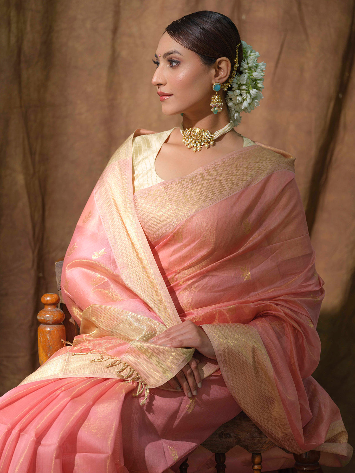 Peach Maheshwari tissue silk saree