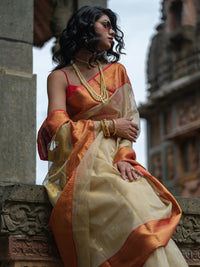 Bridal-wear cream and red Chanderi silk saree