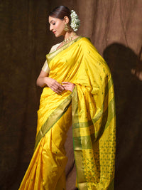 Radiant Yellow pure Mulberry silk Maheshwari saree.