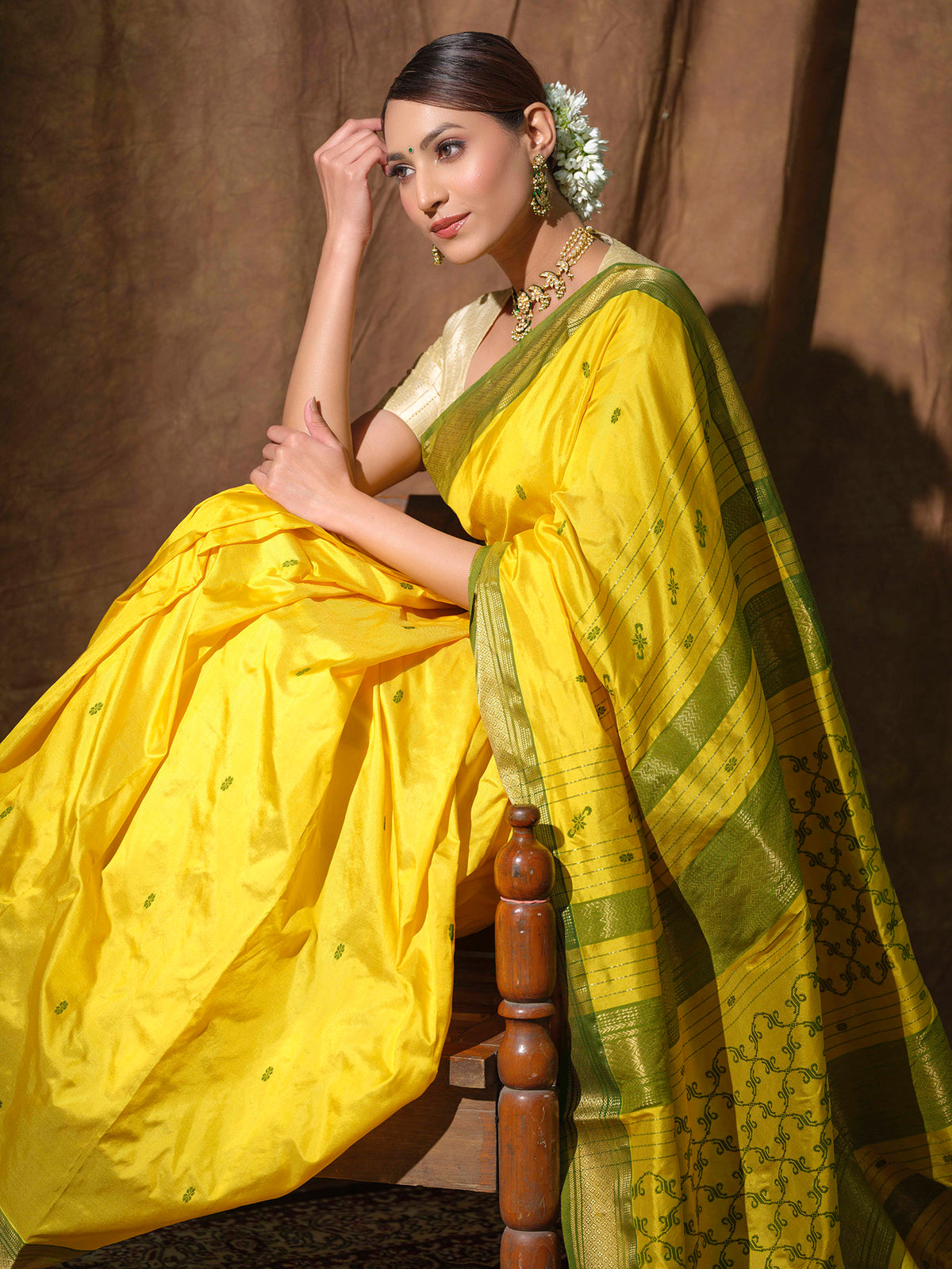 Radiant Yellow pure Mulberry silk Maheshwari saree.