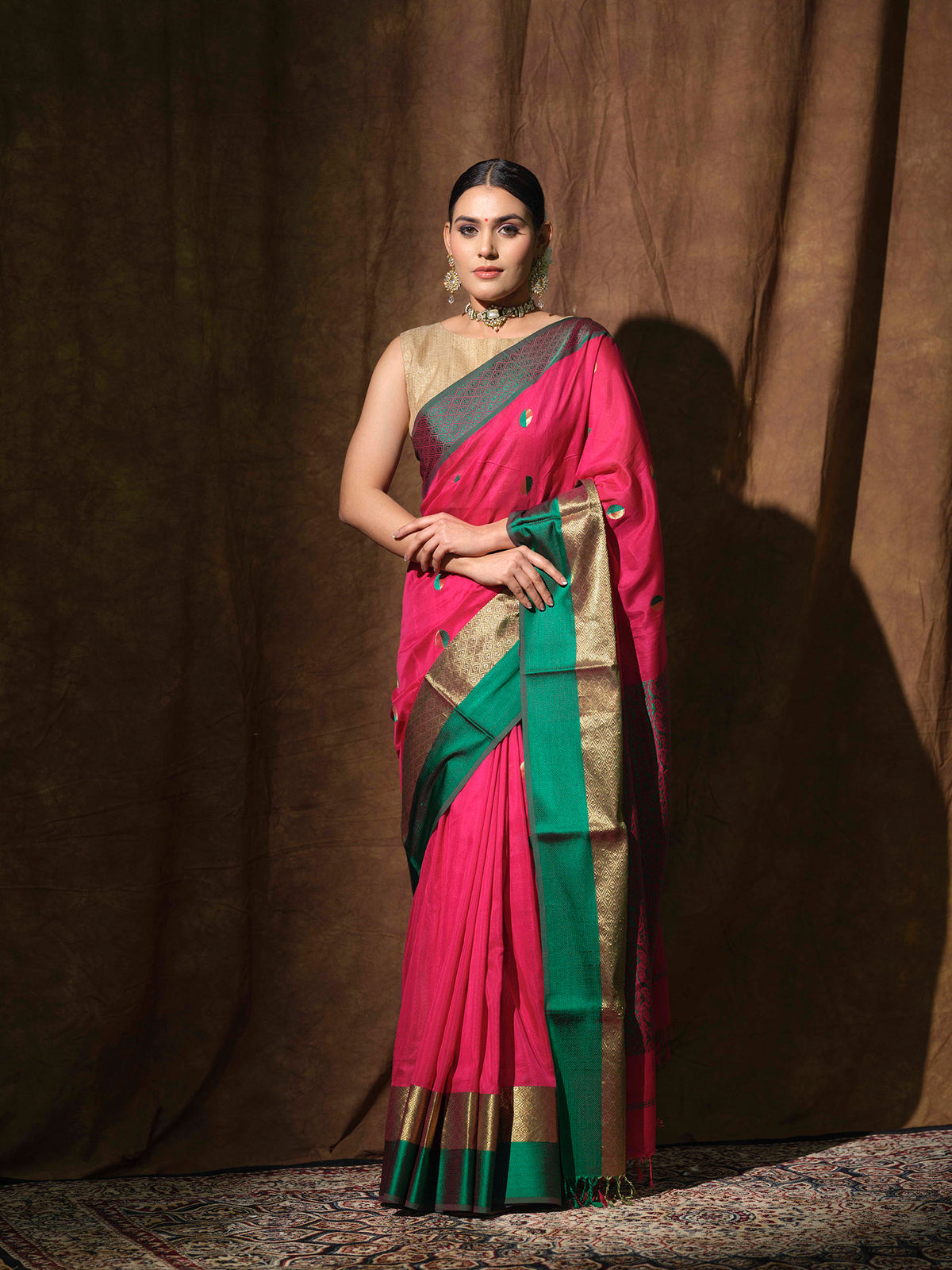 Pink and green Maheswari saree