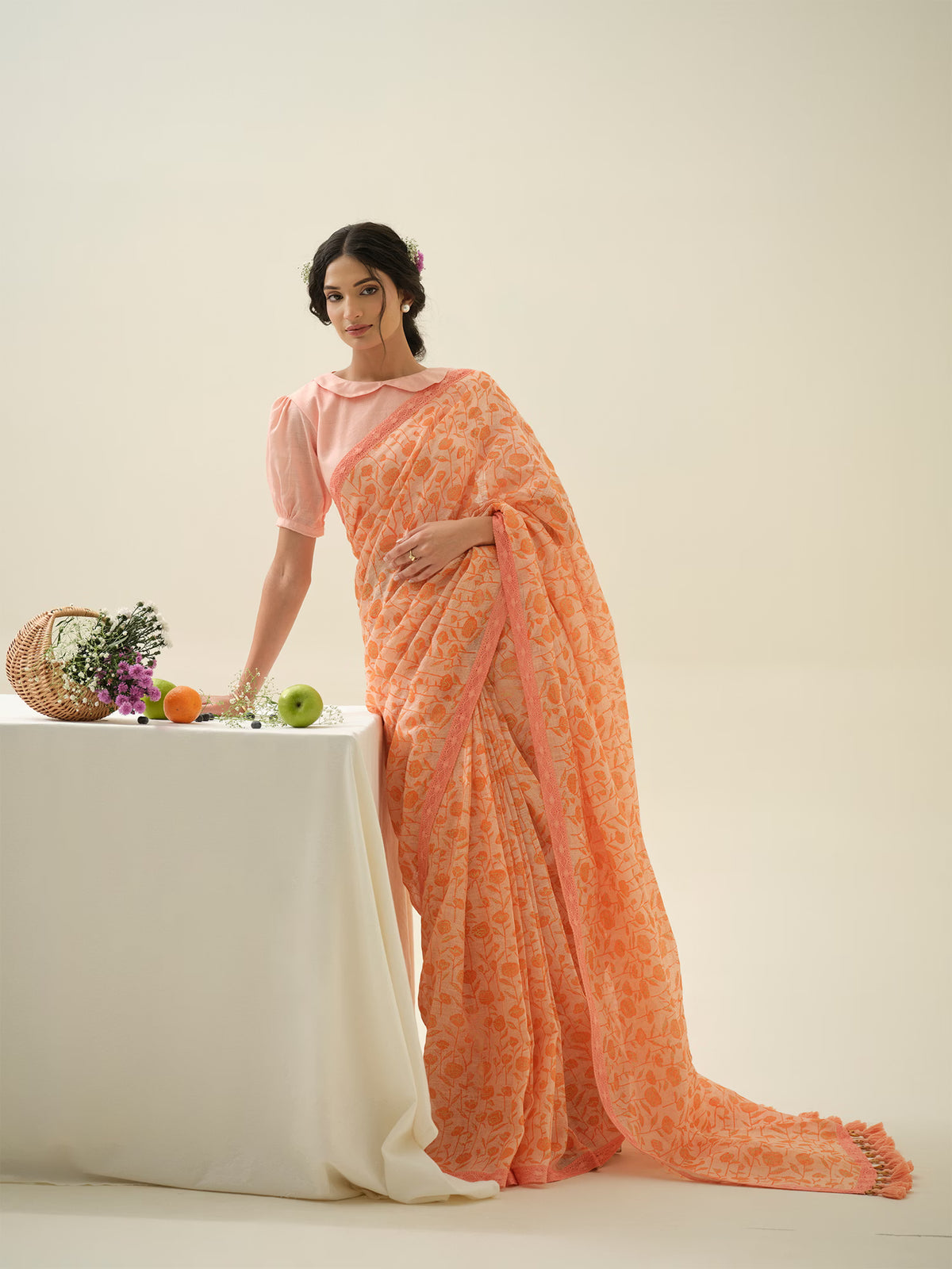 Candied Peach | Premium Pure Linen Handloom Saree with Floral Block Prints with Peachy Motif Blouse Piece
