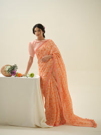 Candied Peach | Premium Pure Linen Handloom Saree with Floral Block Prints with Peachy Motif Blouse Piece