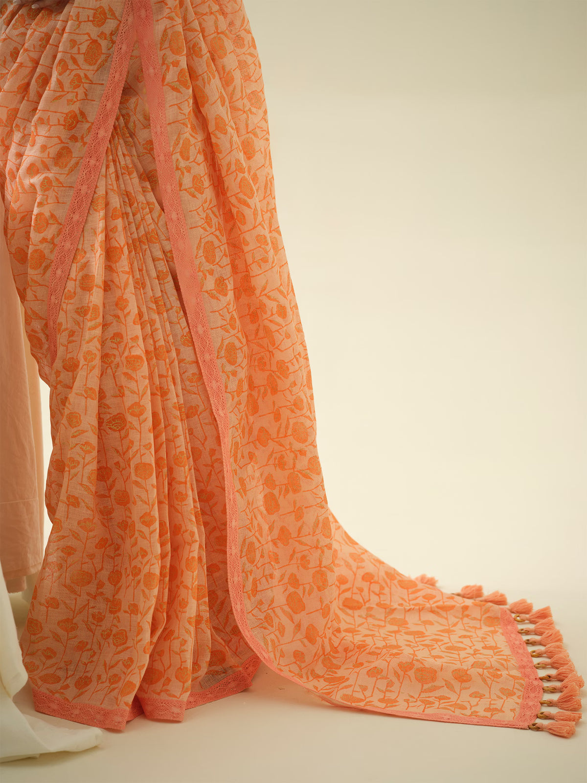 Candied Peach | Premium Pure Linen Handloom Saree with Floral Block Prints with Peachy Motif Blouse Piece