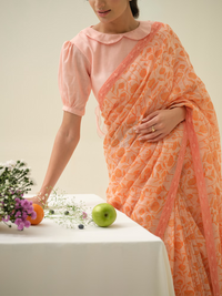 Candied Peach | Premium Pure Linen Handloom Saree with Floral Block Prints with Peachy Motif Blouse Piece