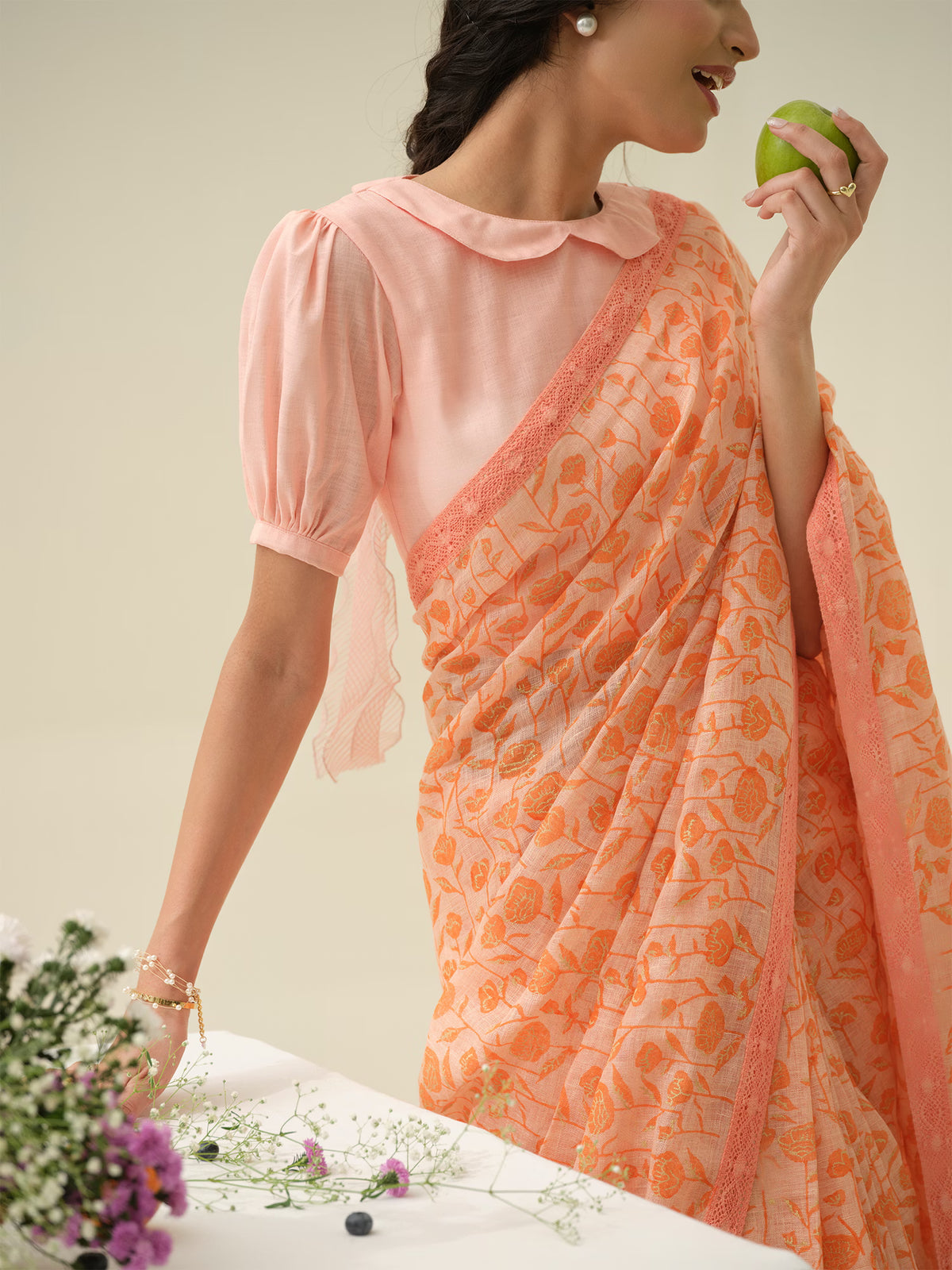Candied Peach | Premium Pure Linen Handloom Saree with Floral Block Prints with Peachy Motif Blouse Piece