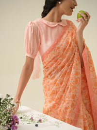 Candied Peach | Premium Pure Linen Handloom Saree with Floral Block Prints with Peachy Motif Blouse Piece