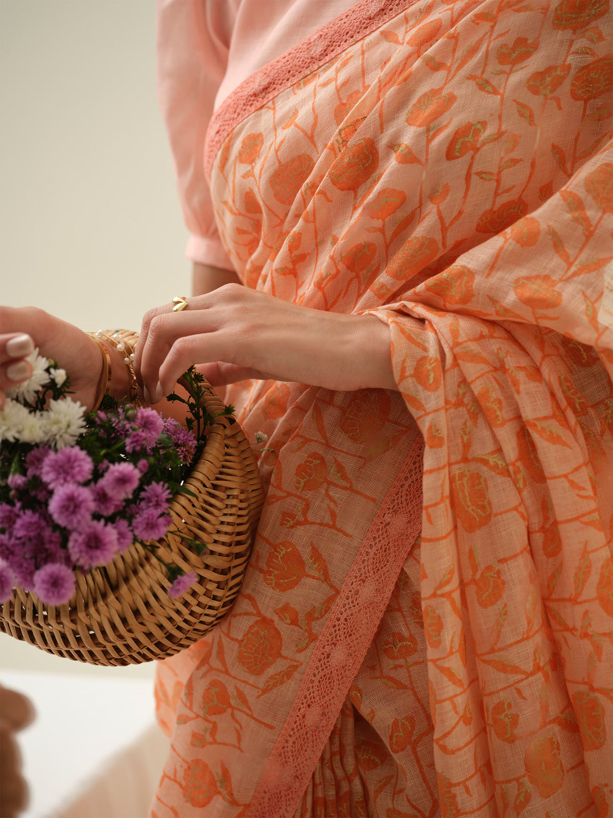 Candied Peach | Premium Pure Linen Handloom Saree with Floral Block Prints with Peachy Motif Blouse Piece