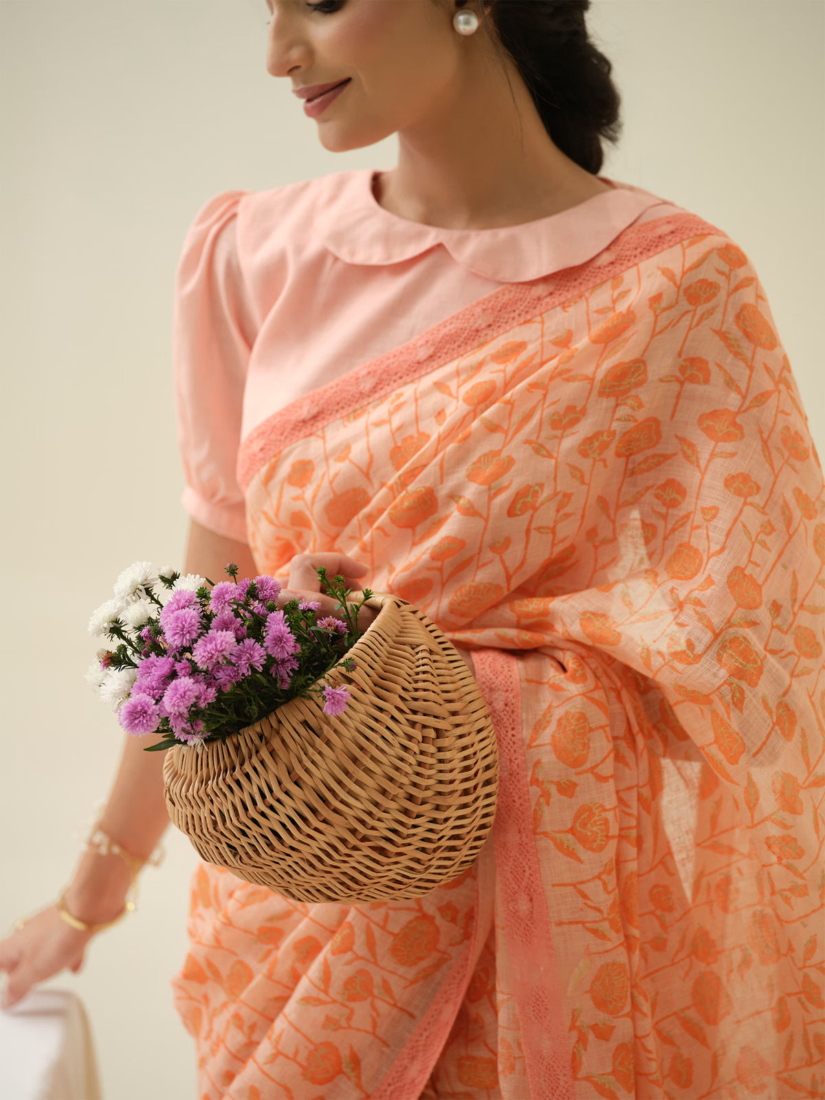 Candied Peach | Premium Pure Linen Handloom Saree with Floral Block Prints with Peachy Motif Blouse Piece
