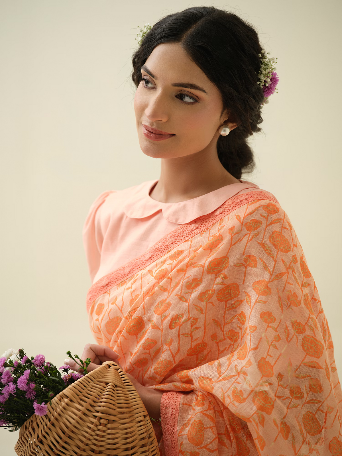 Candied Peach | Premium Pure Linen Handloom Saree with Floral Block Prints with Peachy Motif Blouse Piece