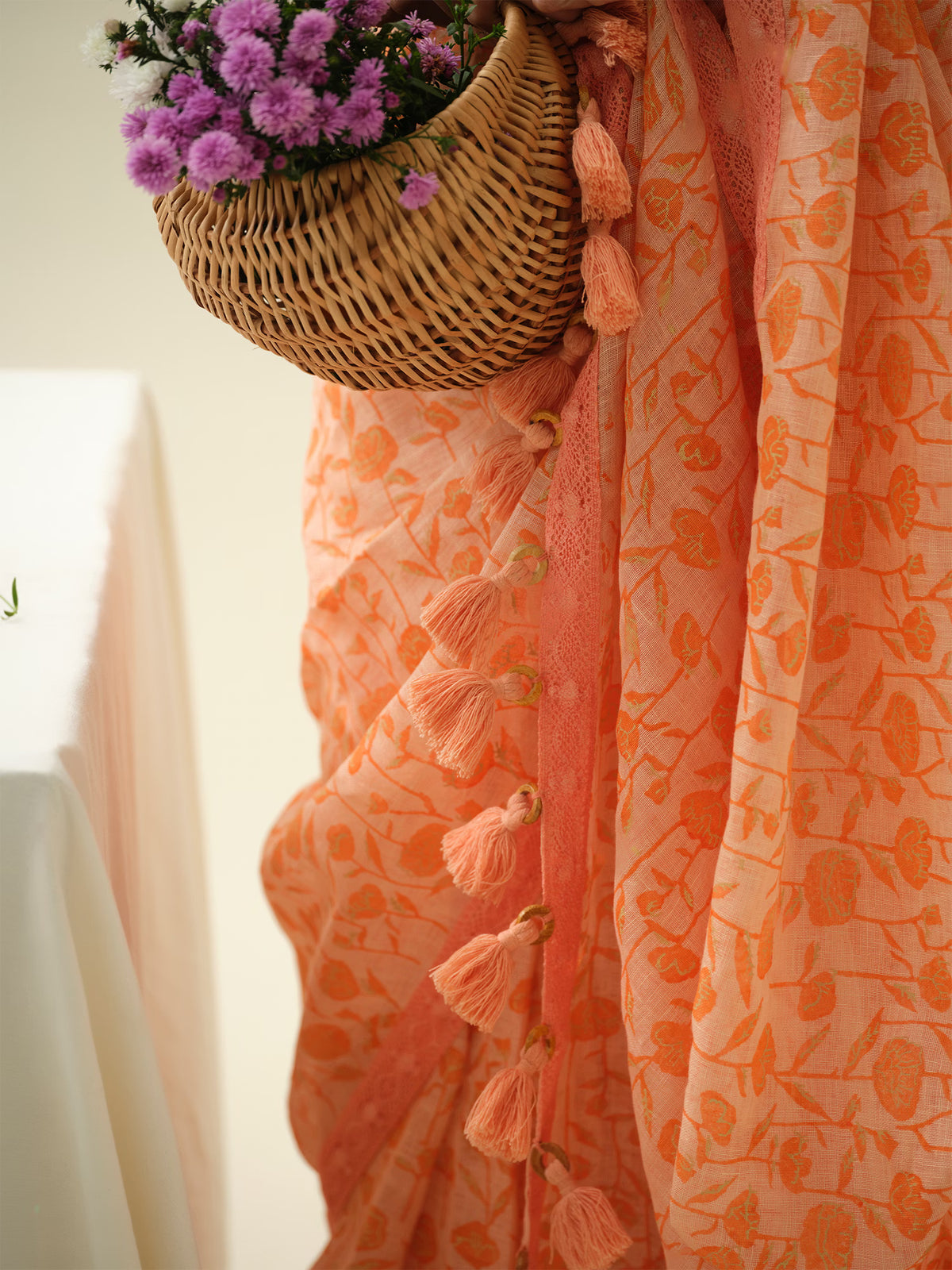 Candied Peach | Premium Pure Linen Handloom Saree with Floral Block Prints with Peachy Motif Blouse Piece