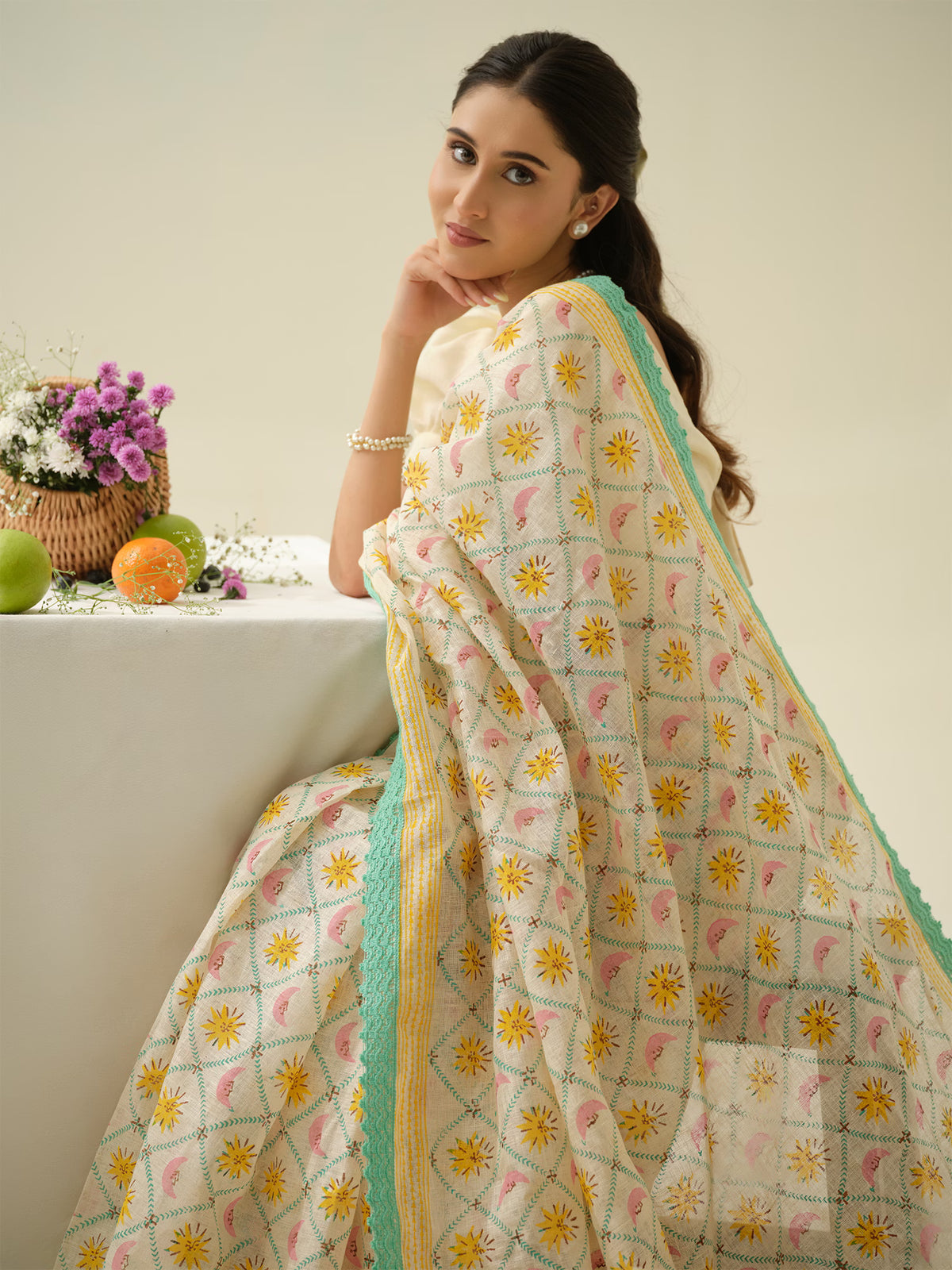Summer Dream | Premium Pure Linen Handloom Saree with Celestial Block Prints with Blue and Yellow Striped Blouse Piece