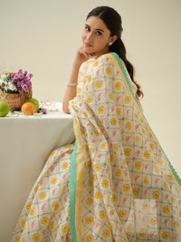 Summer Dream | Premium Pure Linen Handloom Saree with Celestial Block Prints with Blue and Yellow Striped Blouse Piece