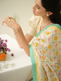 Summer Dream | Premium Pure Linen Handloom Saree with Celestial Block Prints with Blue and Yellow Striped Blouse Piece