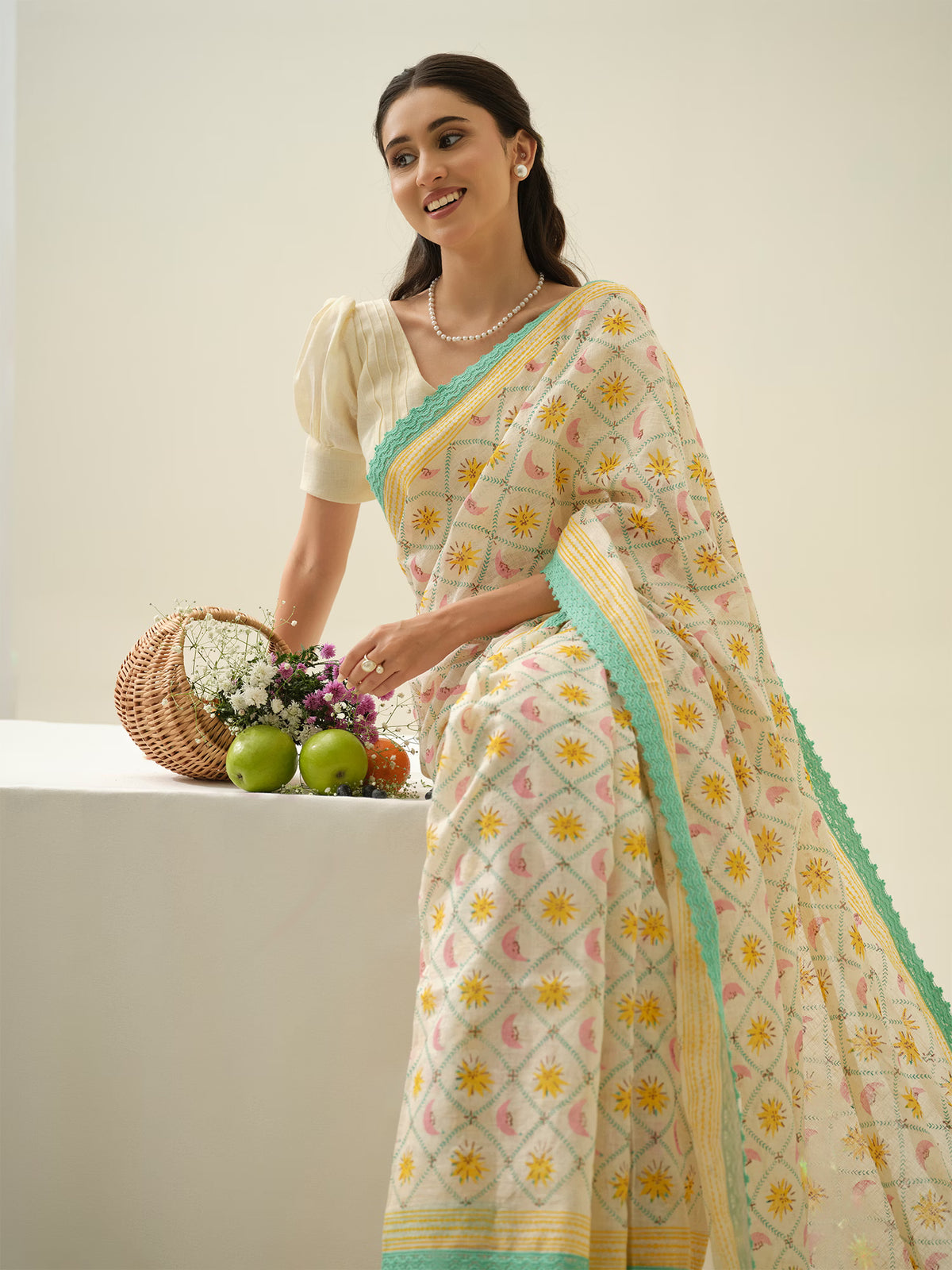 Summer Dream | Premium Pure Linen Handloom Saree with Celestial Block Prints with Blue and Yellow Striped Blouse Piece