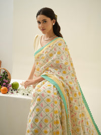 Summer Dream | Premium Pure Linen Handloom Saree with Celestial Block Prints with Blue and Yellow Striped Blouse Piece