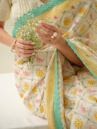 Summer Dream | Premium Pure Linen Handloom Saree with Celestial Block Prints with Blue and Yellow Striped Blouse Piece