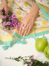Summer Dream | Premium Pure Linen Handloom Saree with Celestial Block Prints with Blue and Yellow Striped Blouse Piece