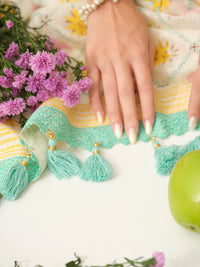Summer Dream | Premium Pure Linen Handloom Saree with Celestial Block Prints with Blue and Yellow Striped Blouse Piece