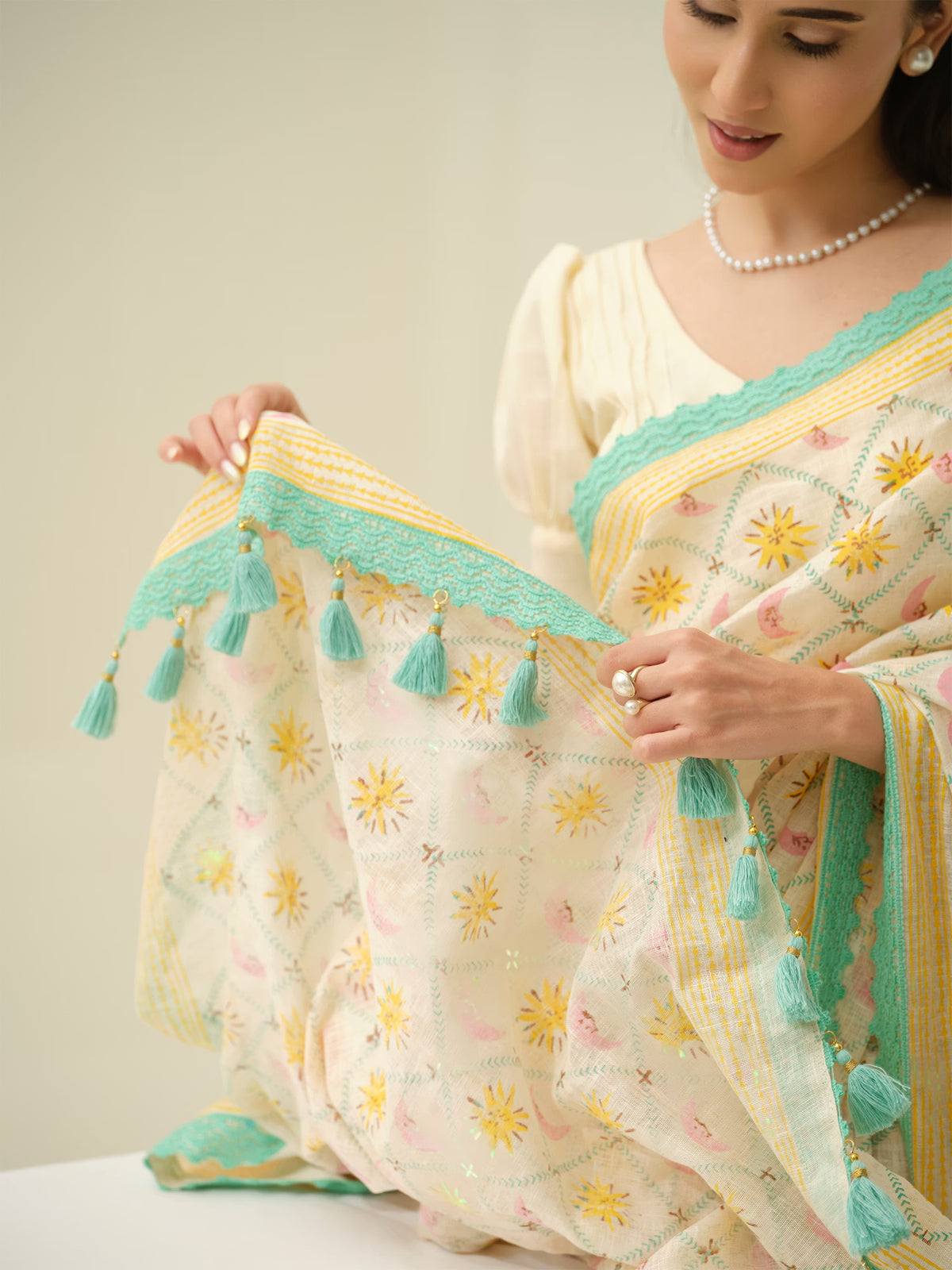 Summer Dream | Premium Pure Linen Handloom Saree with Celestial Block Prints with Blue and Yellow Striped Blouse Piece