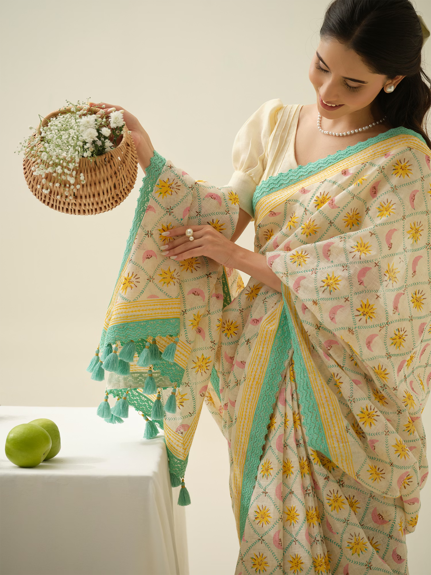 Summer Dream | Premium Pure Linen Handloom Saree with Celestial Block Prints with Blue and Yellow Striped Blouse Piece