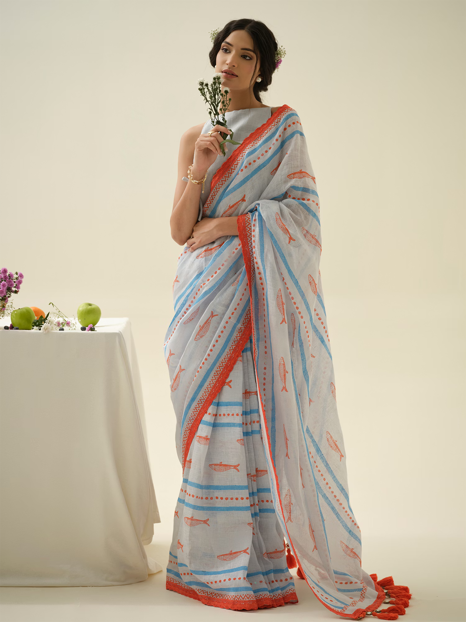 Sea Salt | Premium Pure Linen Handloom Saree with Fish Block Prints with Striped Prints Blouse Piece