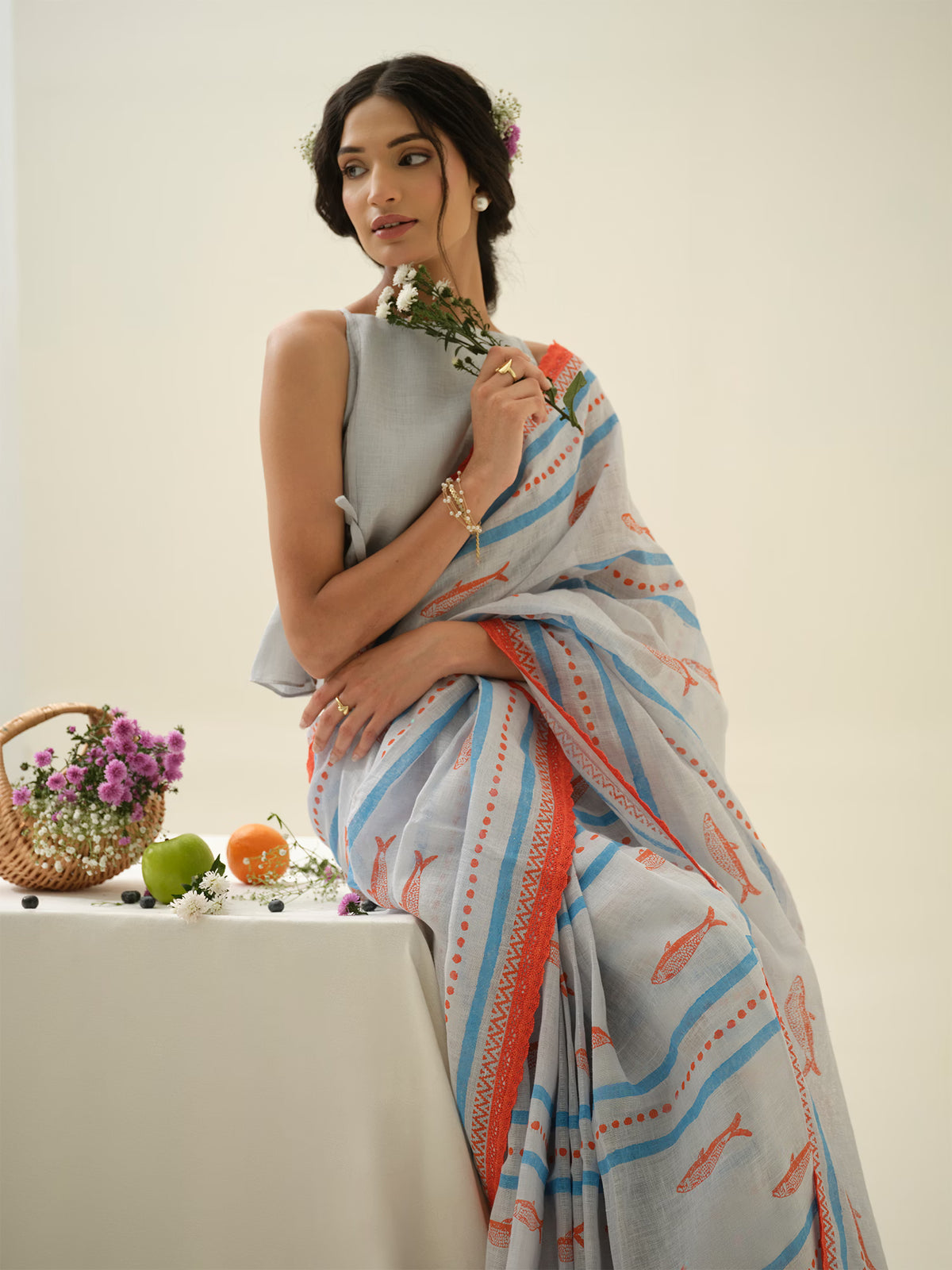 Sea Salt | Premium Pure Linen Handloom Saree with Fish Block Prints with Striped Prints Blouse Piece
